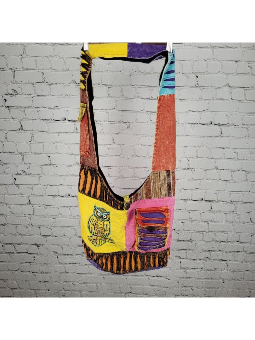 Multicolor Cotton Embroidered Owl Boho Zipped Crossbody Hobo Tote Bag Nepal Made